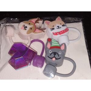 NEW ASHLAND Christmas Reindeer Dogs Cat Heart 4 Piece Straw Toppers for Tumblers